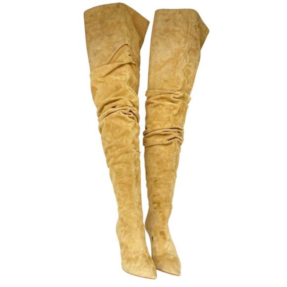 Amina Muaddi Jahleel Over the Knee Boots Pointed Toe Stiletto Tan Suede EU37 US7